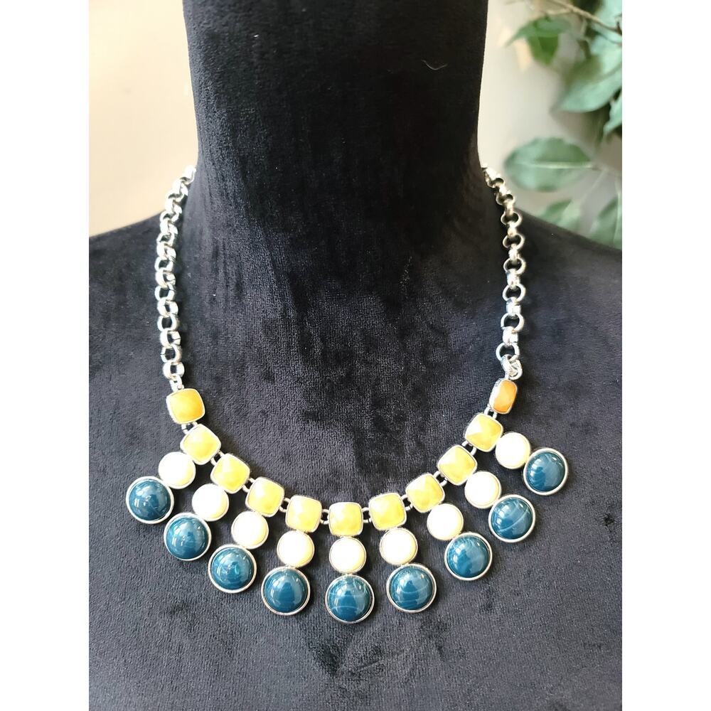 Women's Statement Necklace Blue Yellow White Drop Charms Lobster Clasp Chain